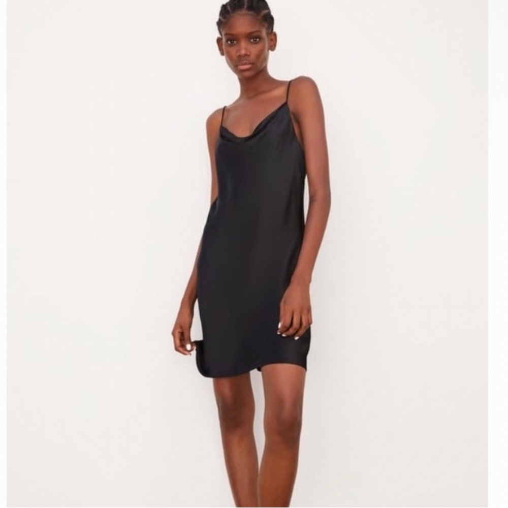 Zara Black Satin Effect Mini Slip Dress Cowl Neckline Spaghetti straps Cami XS